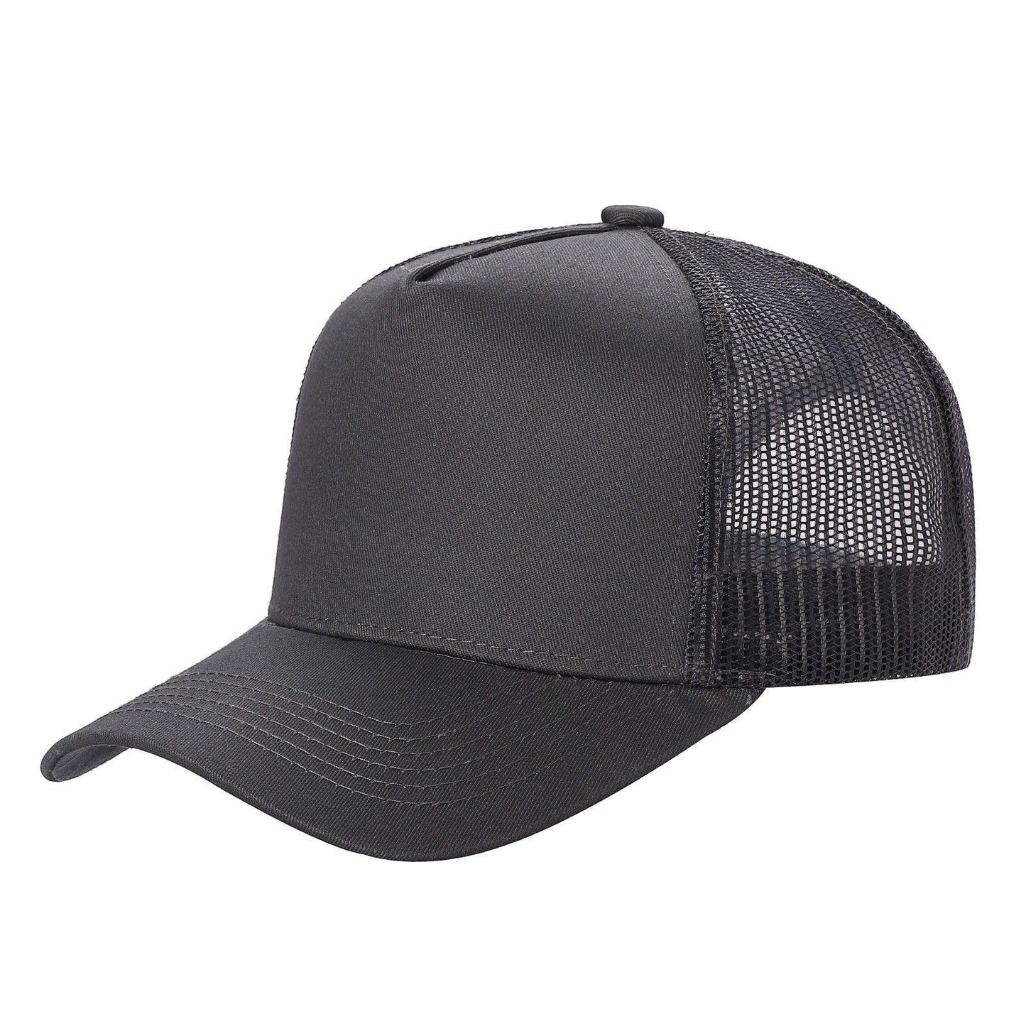 Waycap INC dark grey 5-panel trucker hat with mesh back and curved brim