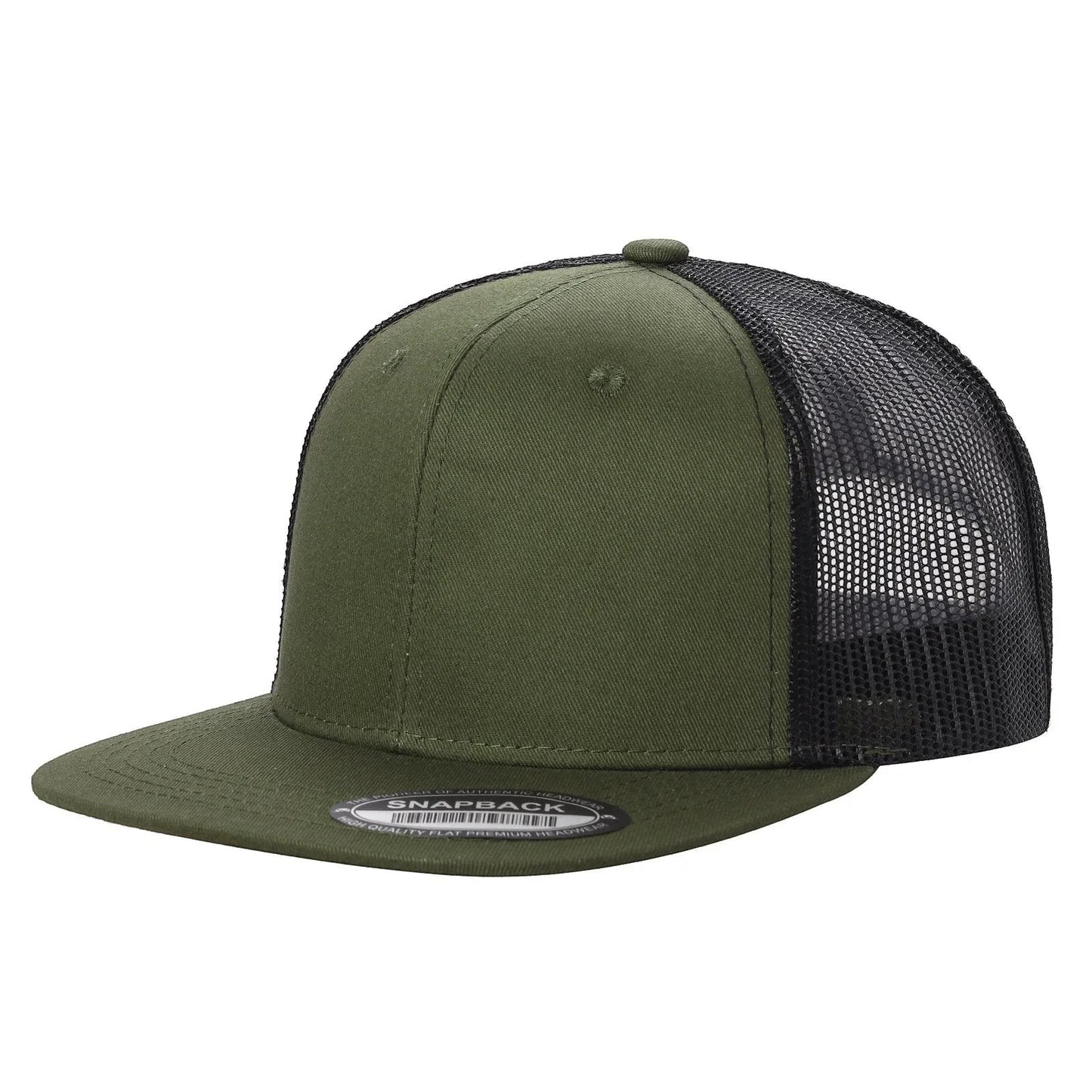 Waycap INC olive green cotton polyester 6-panel flat bill trucker hat with black mesh back and snapback closure.