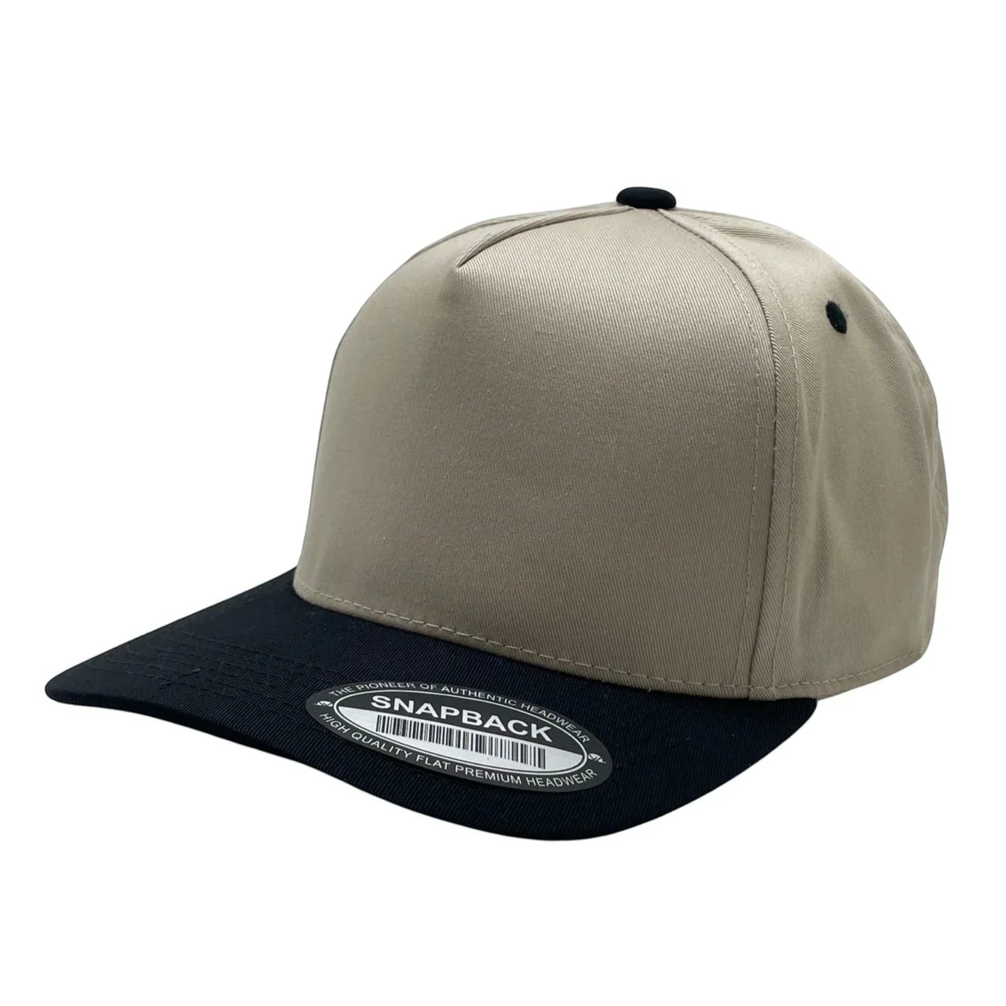 Waycap INC two-tone tan and black 5-panel snapback cap made of 35% cotton and 65% polyester.