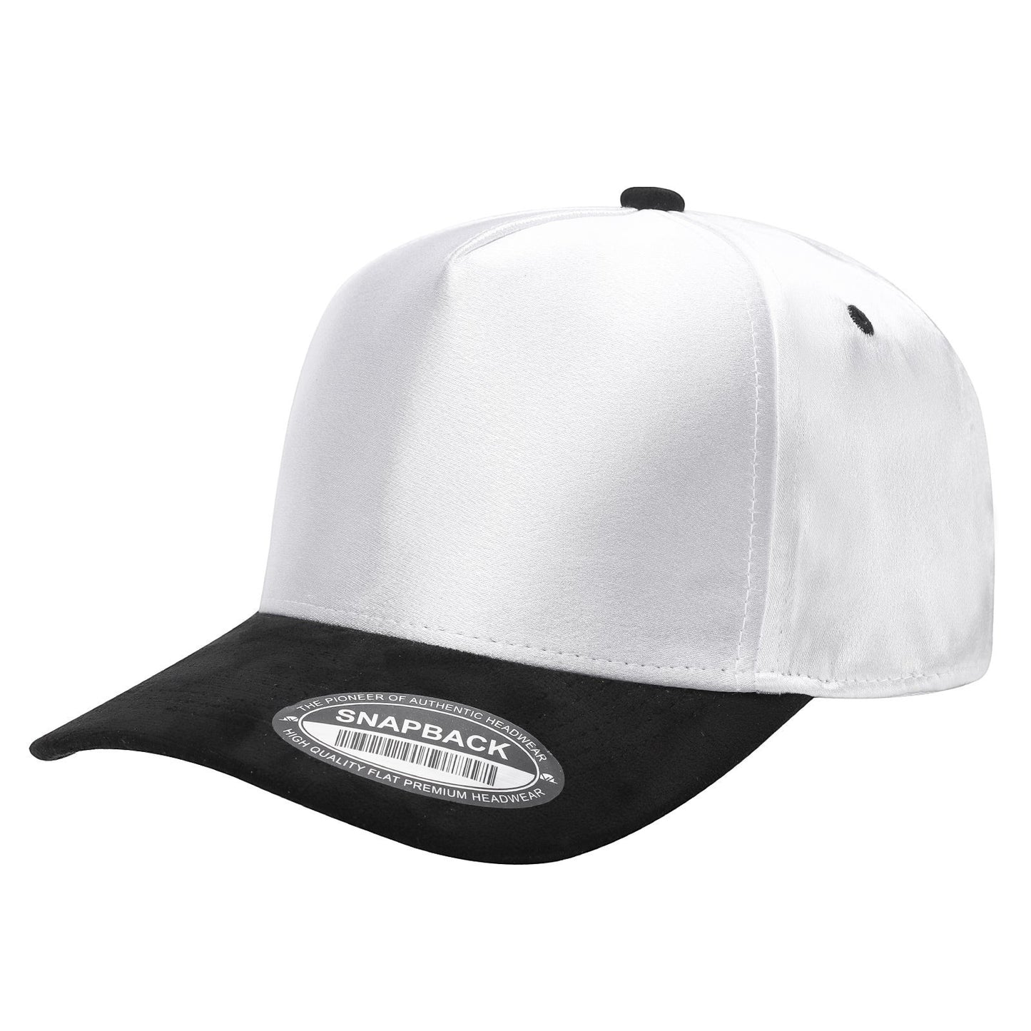 Waycap INC white satin snapback cap with black suede bill and adjustable strap