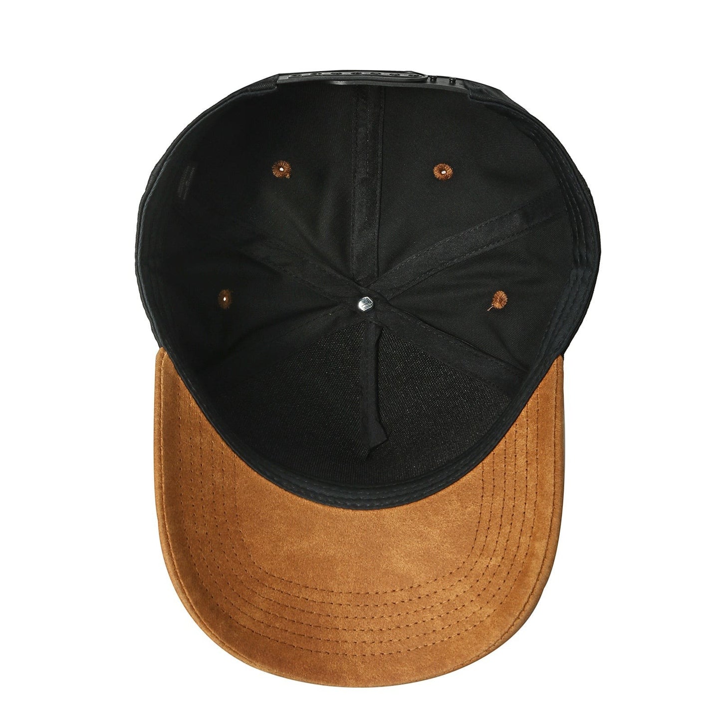 Waycap INCBrown suede bill and black 5-panel crown baseball cap with adjustable snapback closure.