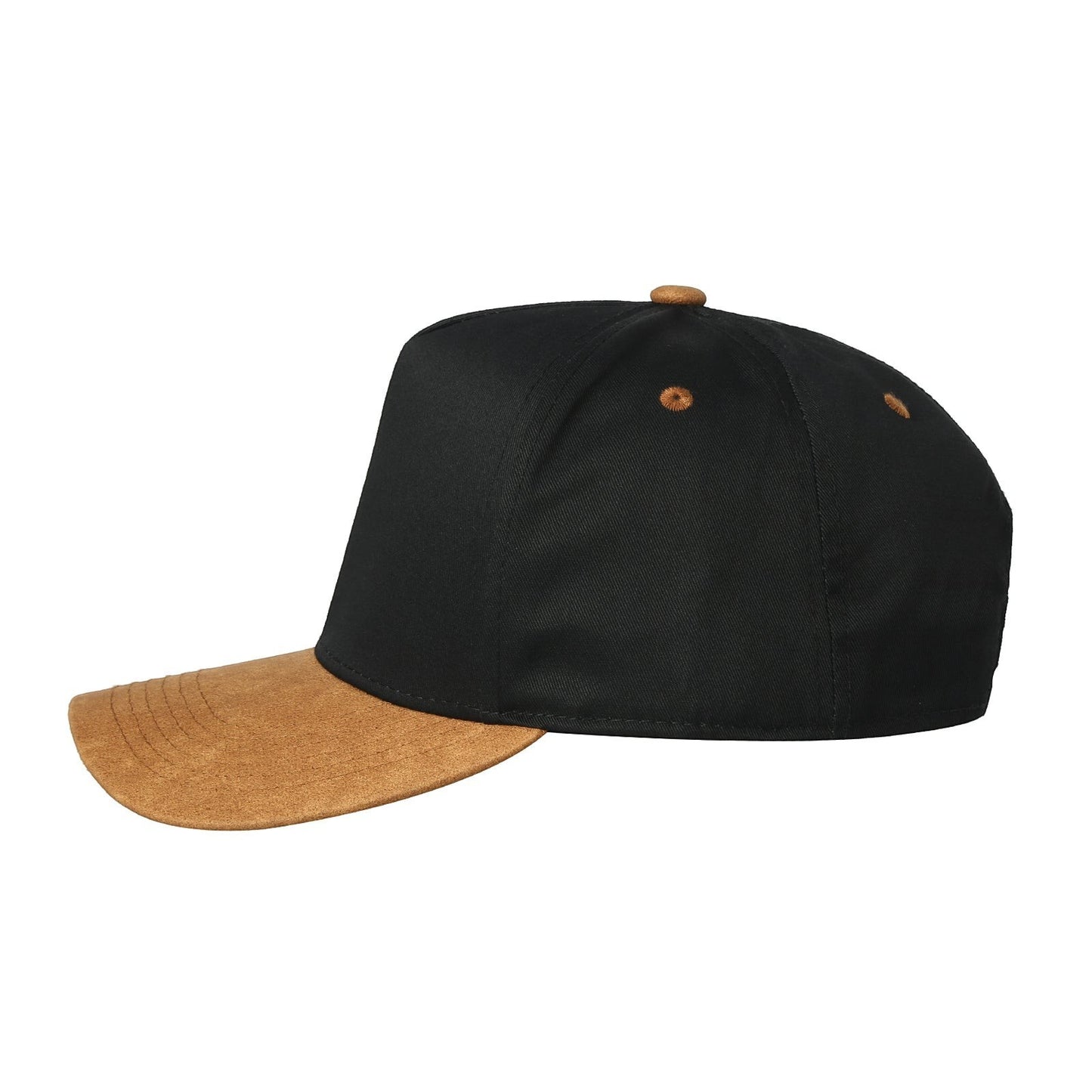 Waycap INCBill TC baseball cap in black with a tan suede pre-curved bill and adjustable snapback closure.