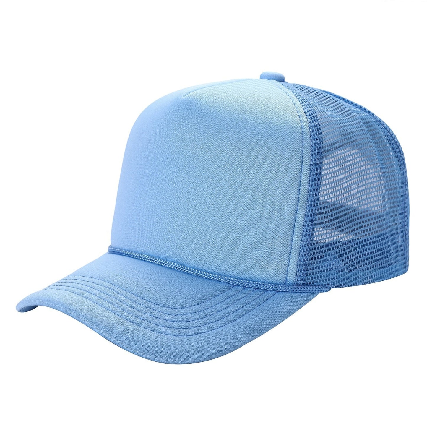 Waycap Sponge trucker hat in light blue with foam front panel and mesh back. Features a braided rope detail across the brim and an adjustable snapback closure.