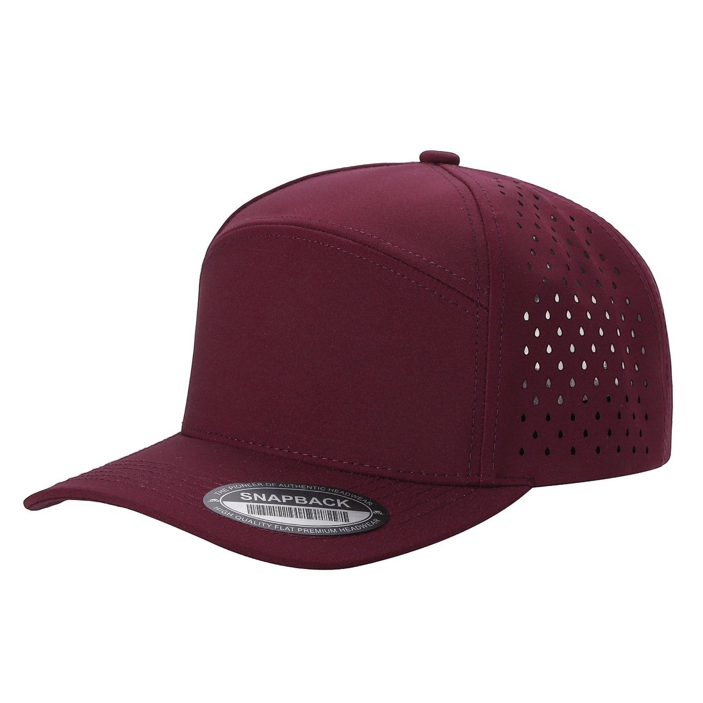 Waycap 6WP maroon six-panel snapback hat with laser-cut perforations on sides and back for breathability. Flat brim.