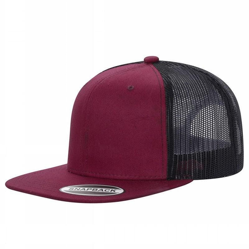 Waycap 6 Panel Flat Bill Mesh trucker hat in maroon cotton with black mesh back and flat brim.