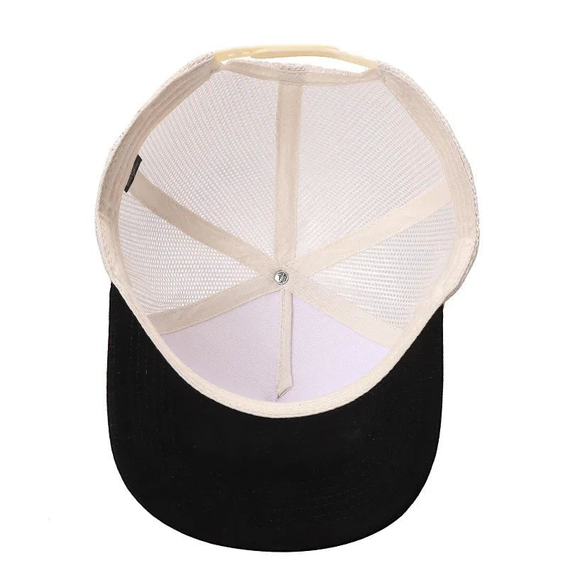 Waycap Mesh back trucker hat with black suede bill and adjustable snapback closure