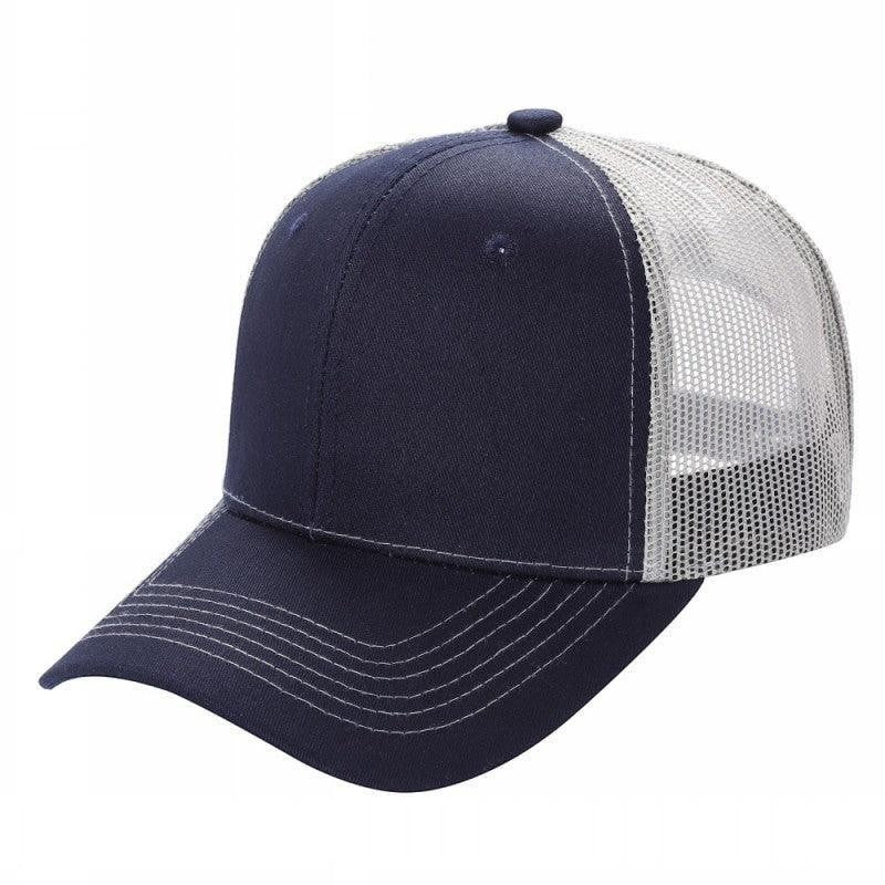 Waycap 6 Panel Curve Trucker Mesh Hat in navy blue with a curved brim and breathable grey mesh back panels.