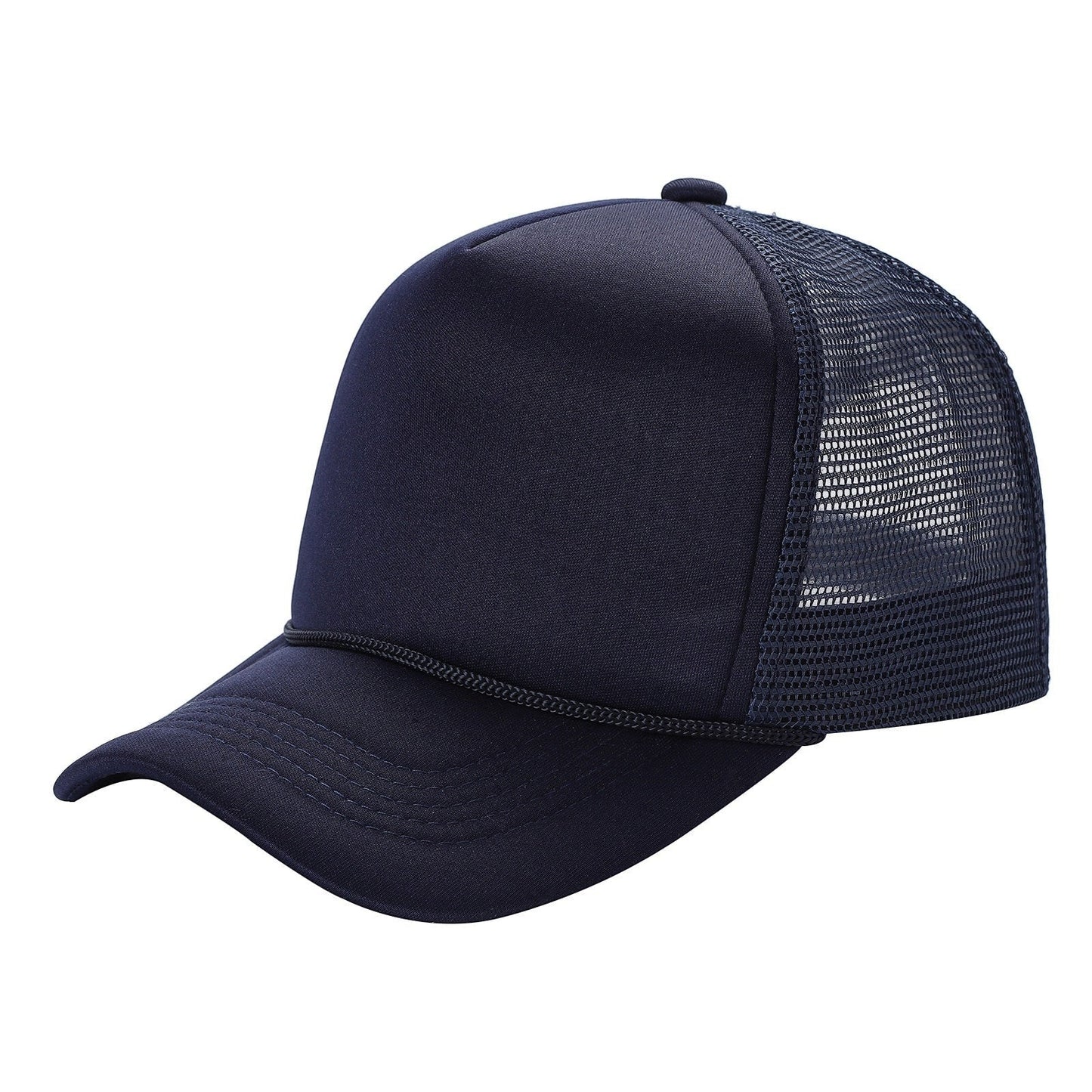 Waycap Sponge trucker hat in navy blue with foam front panel and mesh back. Features a rope detail across the brim and an adjustable snapback closure.
