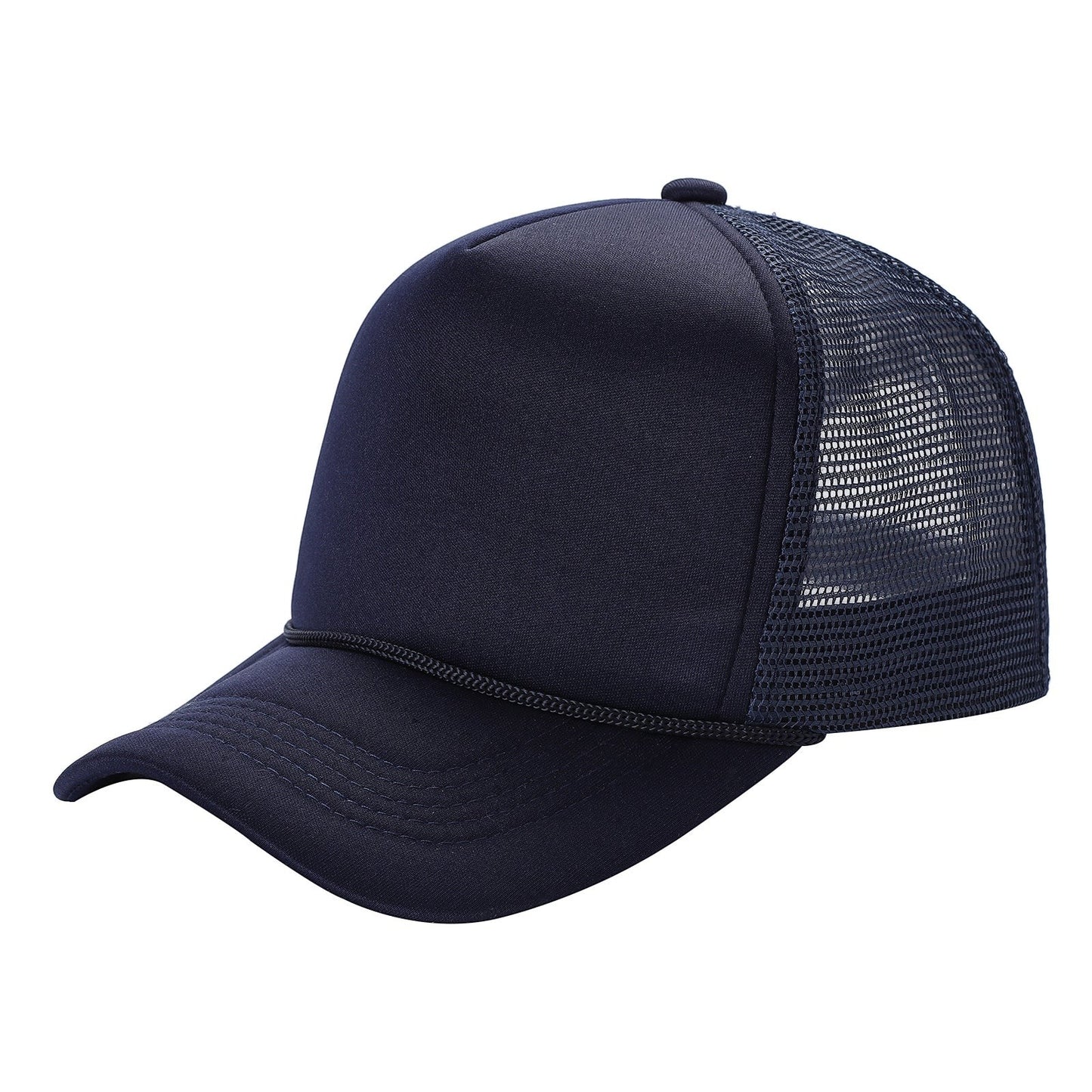 Waycap Sponge foam front trucker hat in navy blue with mesh back and adjustable snapback closure.