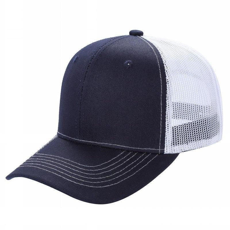 Waycap 6 Panel Curve Trucker Mesh Hat in navy blue with white mesh back and curved brim.