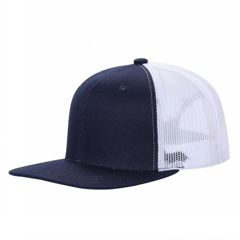 Waycap 6 Panel Flat Bill Mesh hat in navy blue cotton with white mesh back and flat brim.