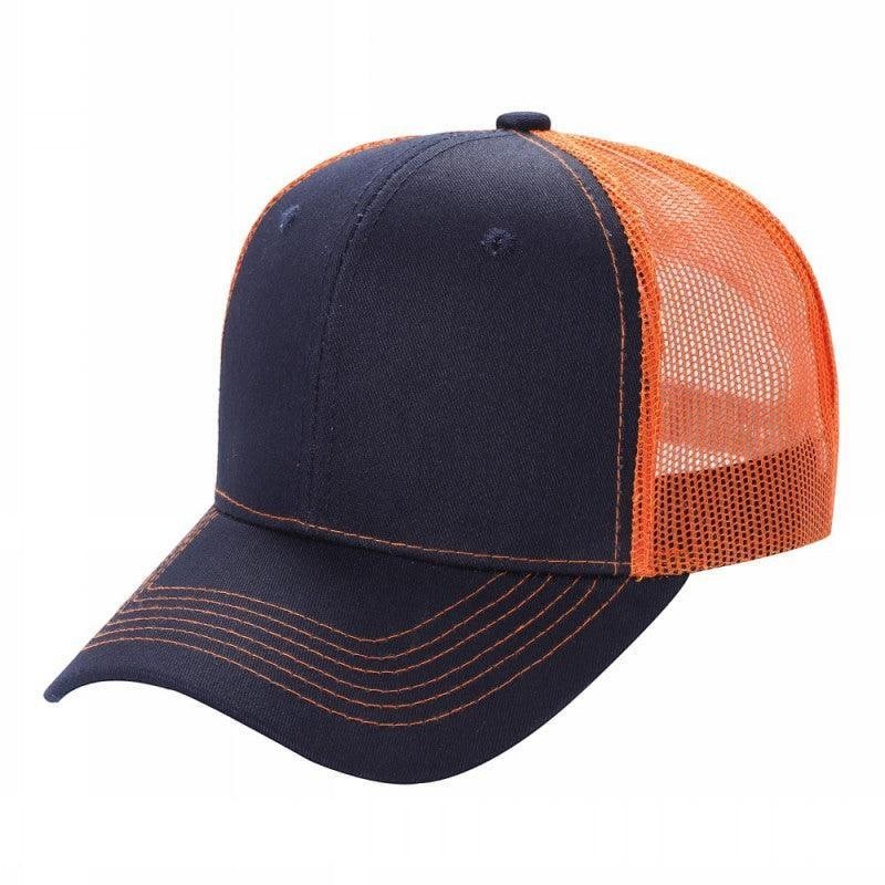 Waycap 6 Panel Curve Trucker Mesh Hat in navy blue with orange mesh back and orange stitching detail on the brim.