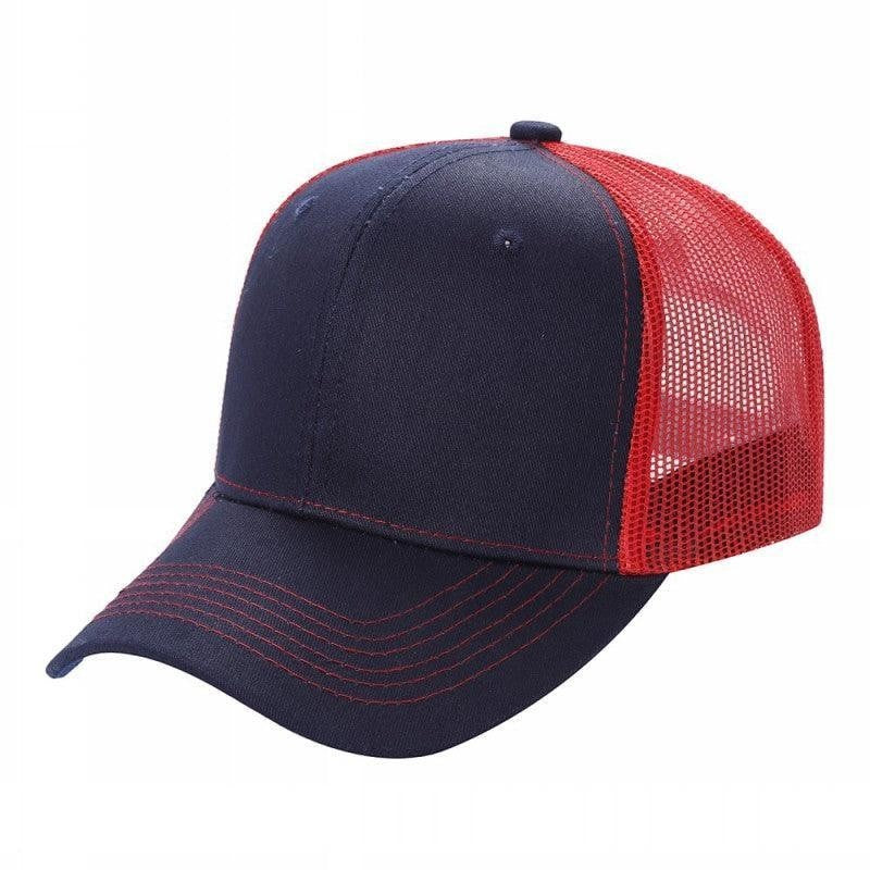Waycap 6 Panel Curve Trucker Mesh Hat in navy blue with red mesh back and red stitching detail.