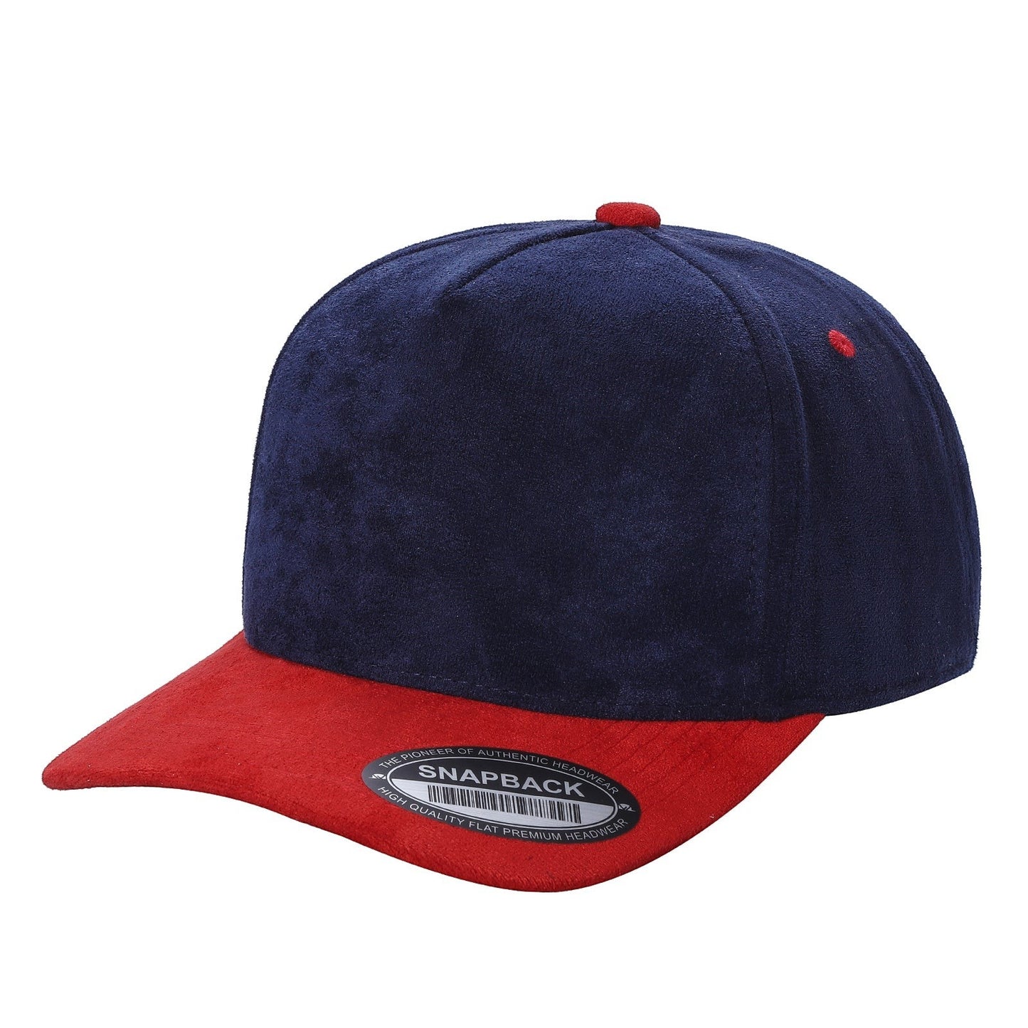 Waycap 5SUEDE navy blue suede snapback hat with red brim and button