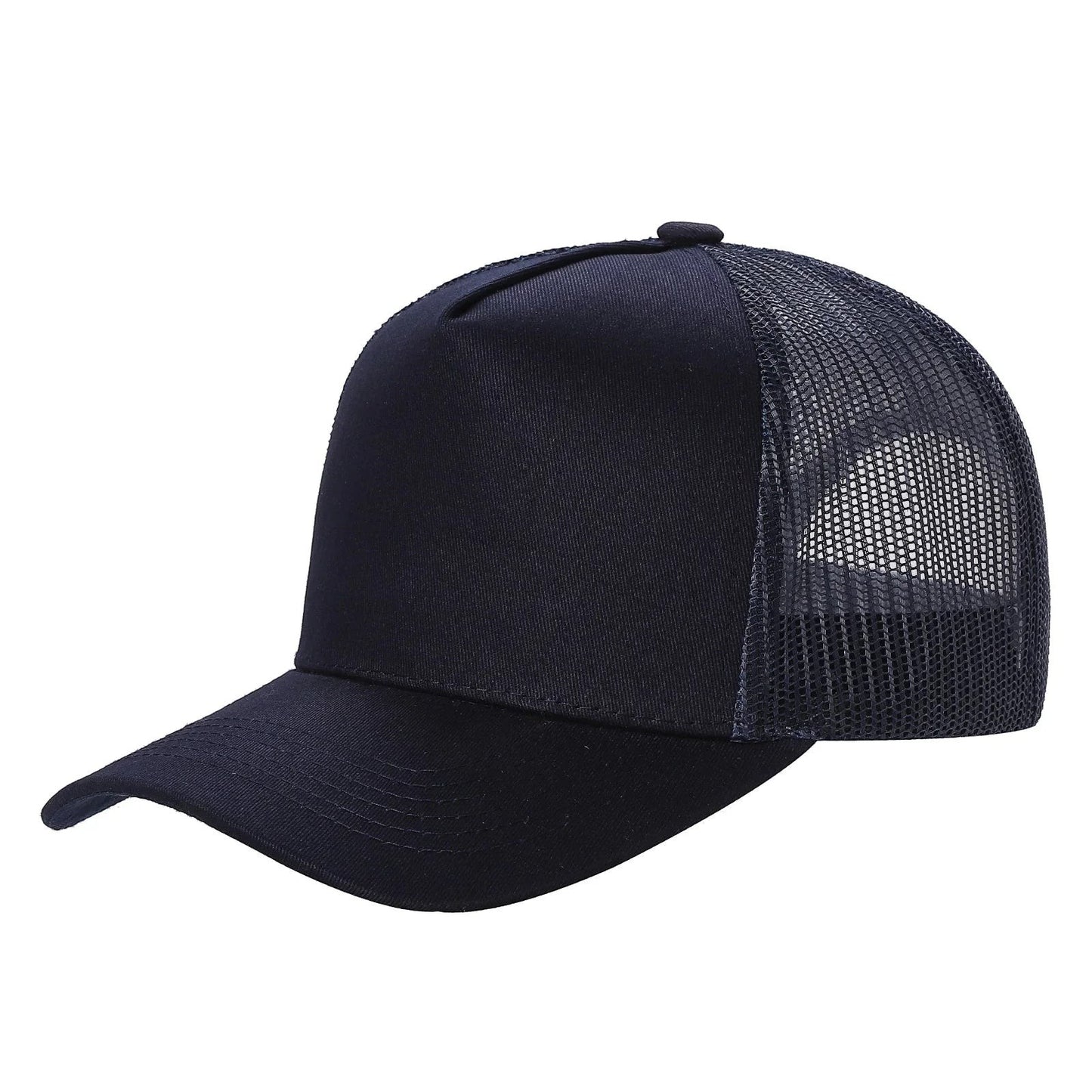 Waycap 5-panel navy blue trucker hat with mesh back and curved brim, made of cotton and polyester.