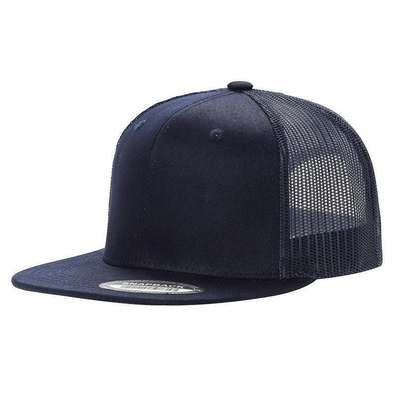 Waycap 6FTM navy blue 6-panel flat bill trucker hat with mesh back, made of cotton and polyester.