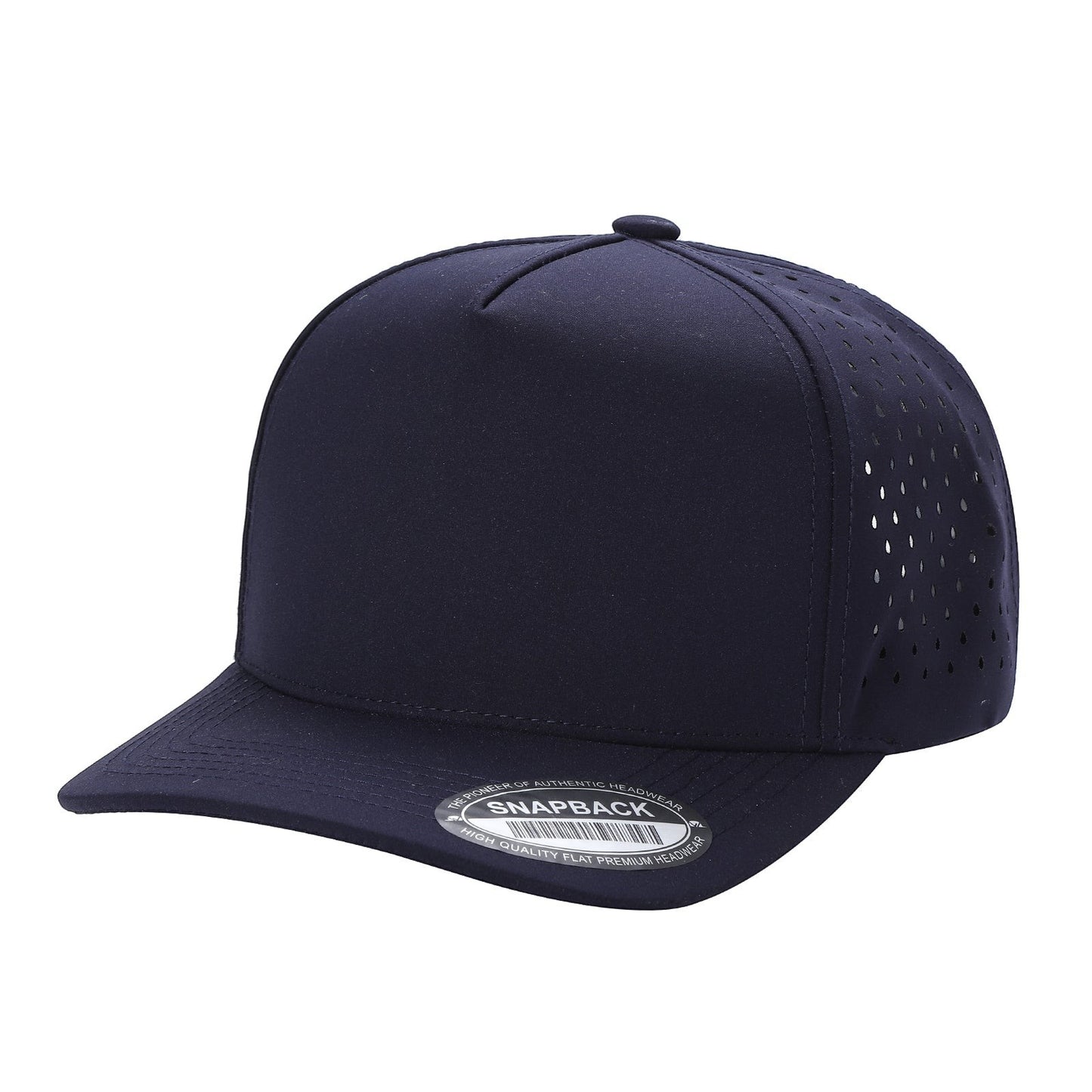 Waycap 5LASER navy blue 5-panel waterproof baseball hat with flat brim and perforated side panels.