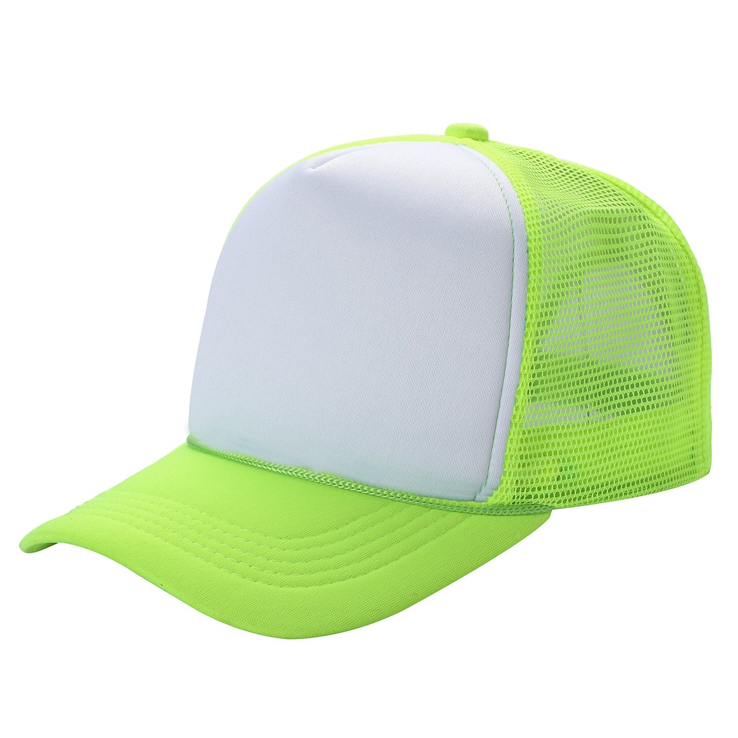 Waycap Sponge trucker hat with white foam front panel and neon green mesh back and brim. Adjustable snapback closure.