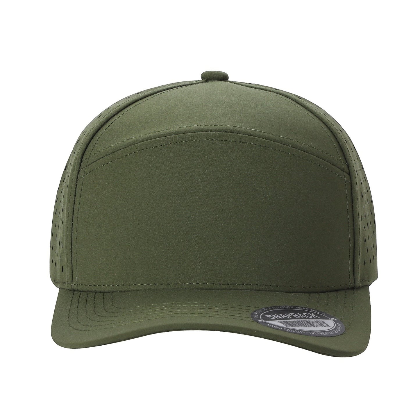 Waycap 6WP olive green six-panel snapback hat with laser-cut vents on sides and back, flat brim.