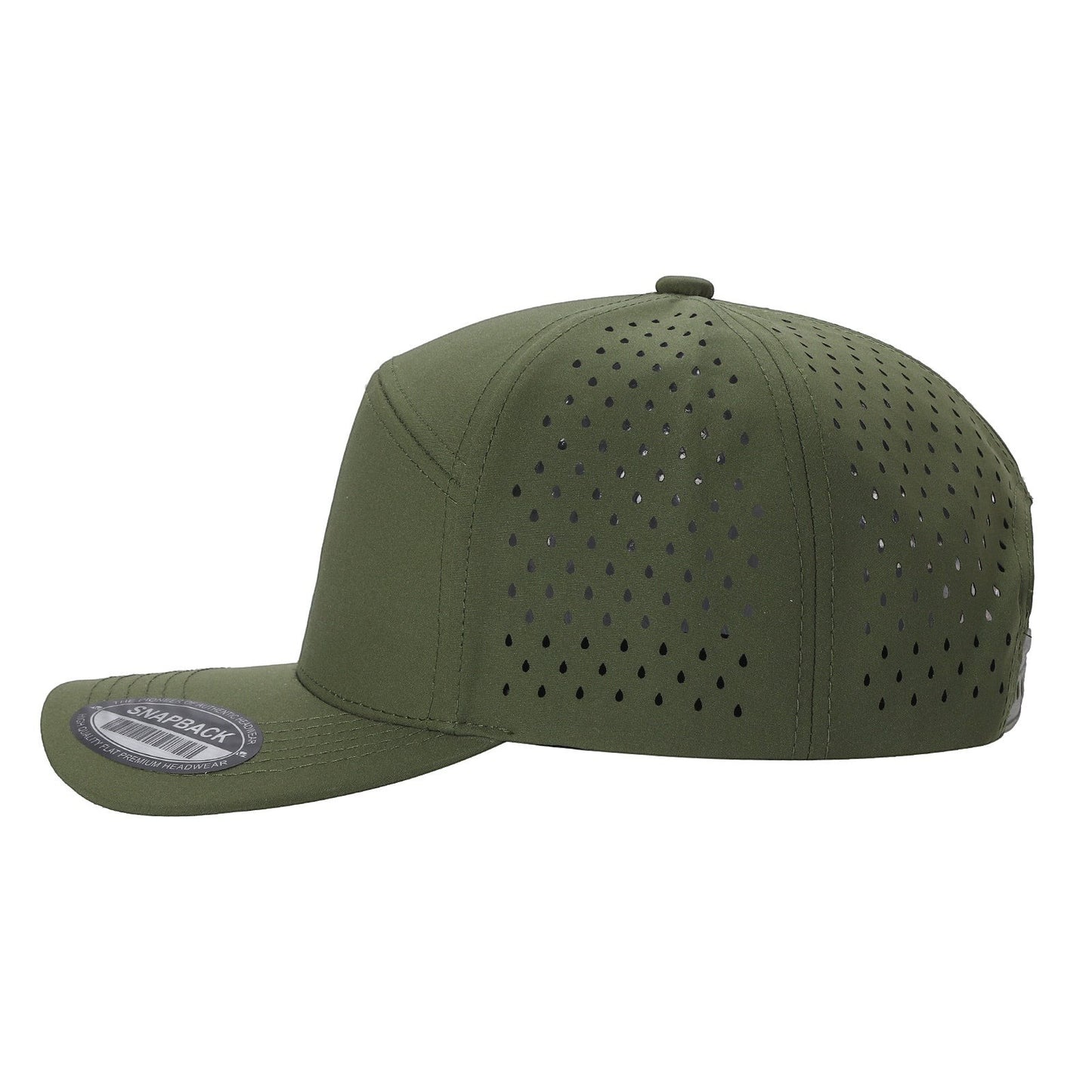 Waycap 6WP olive green six-panel snapback hat with laser-cut perforations for ventilation and a flat brim.