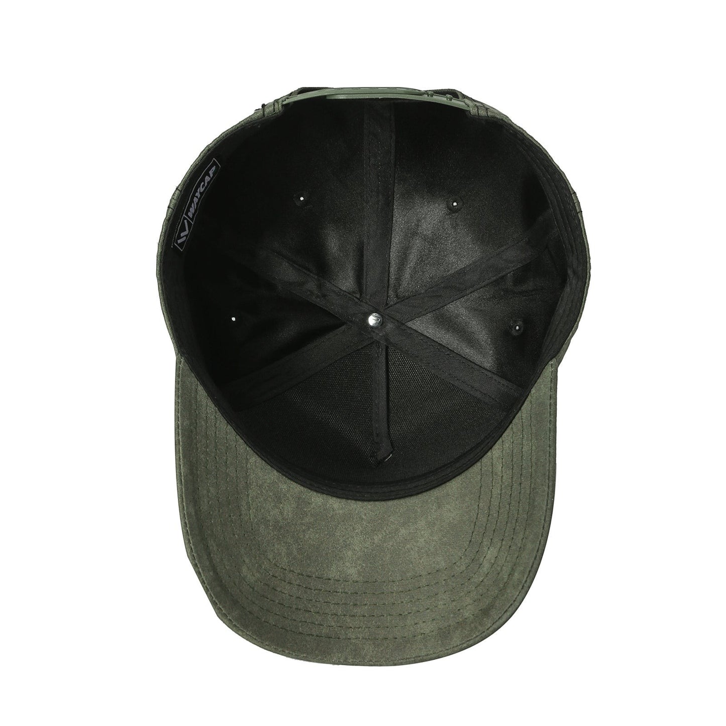 Waycap 5 panel leather cap in olive green with a pre-curved bill and adjustable snapback closure.