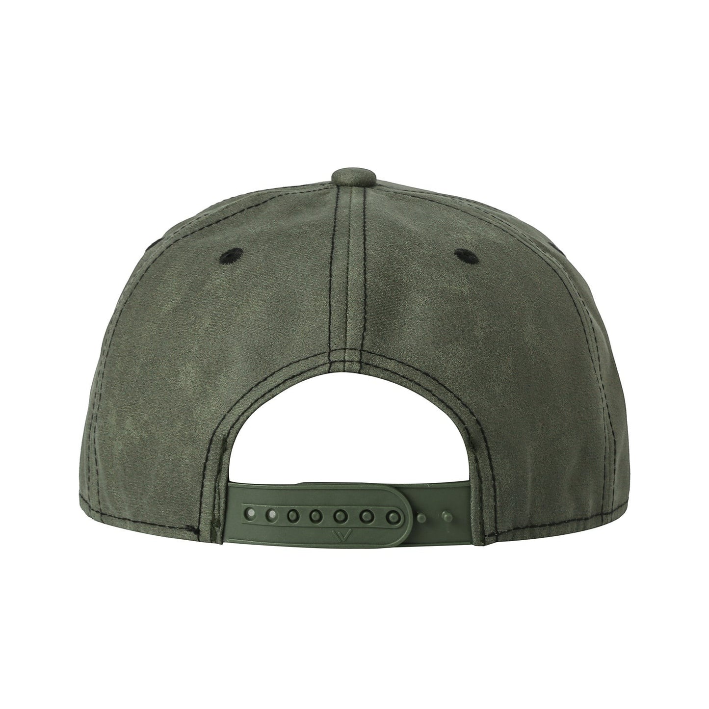 Waycap 5RS 5 panel leather cap in olive green with adjustable snapback closure and pre-curved bill.