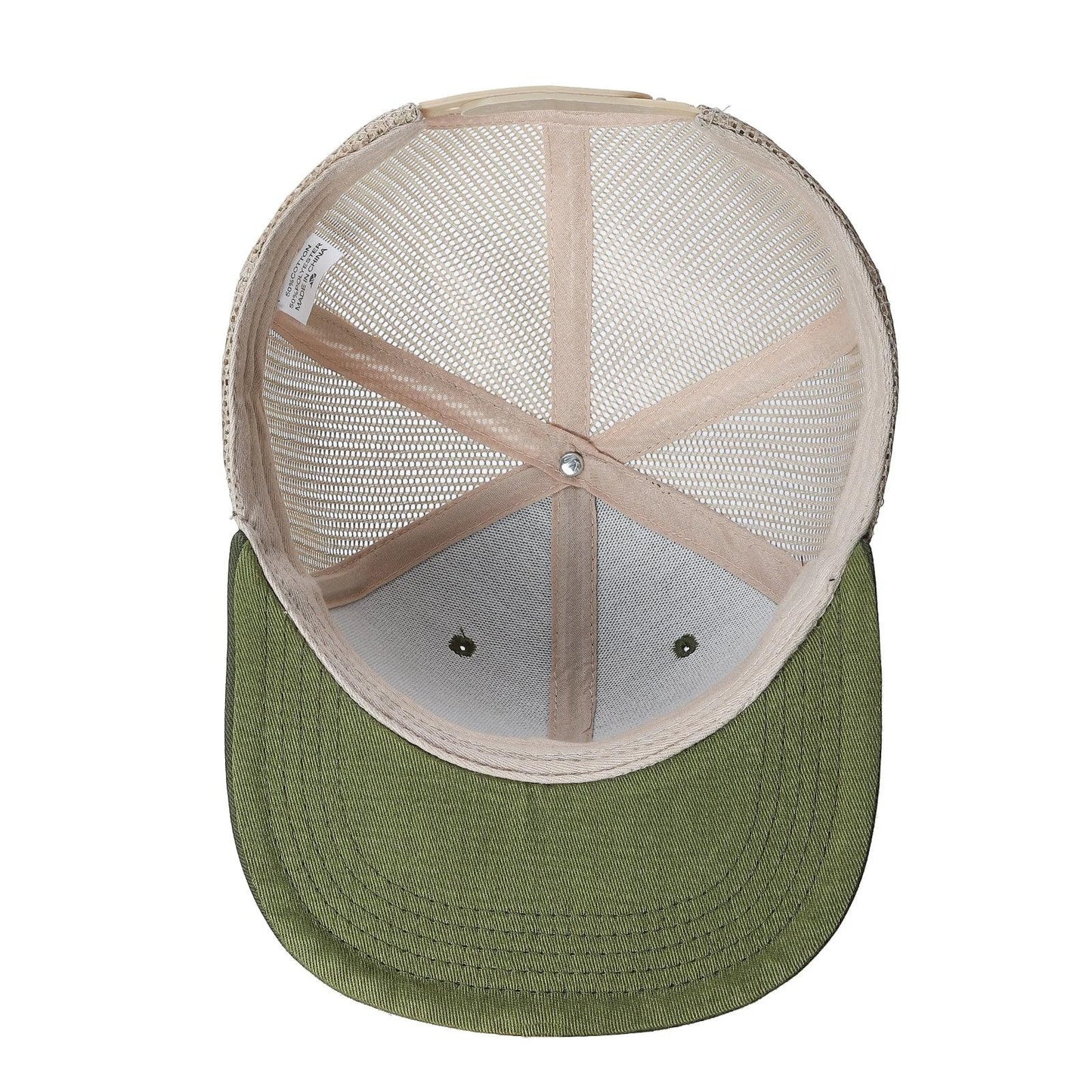 Waycap 6-panel flat bill trucker hat in olive green cotton with beige mesh back and adjustable snapback closure.