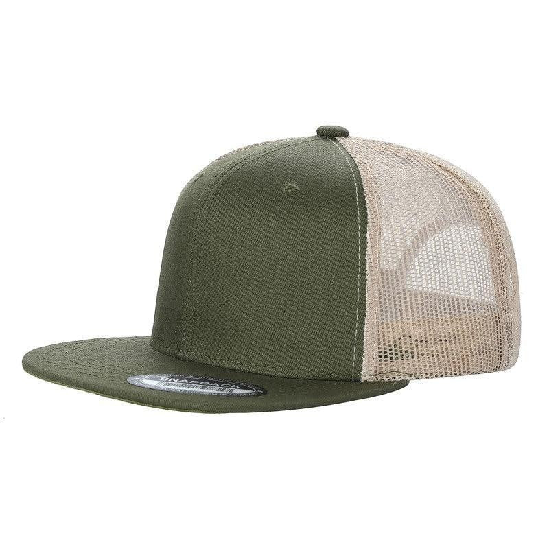 Waycap 6 Panel Flat Bill Mesh hat in olive green cotton with a beige mesh back and snapback closure.