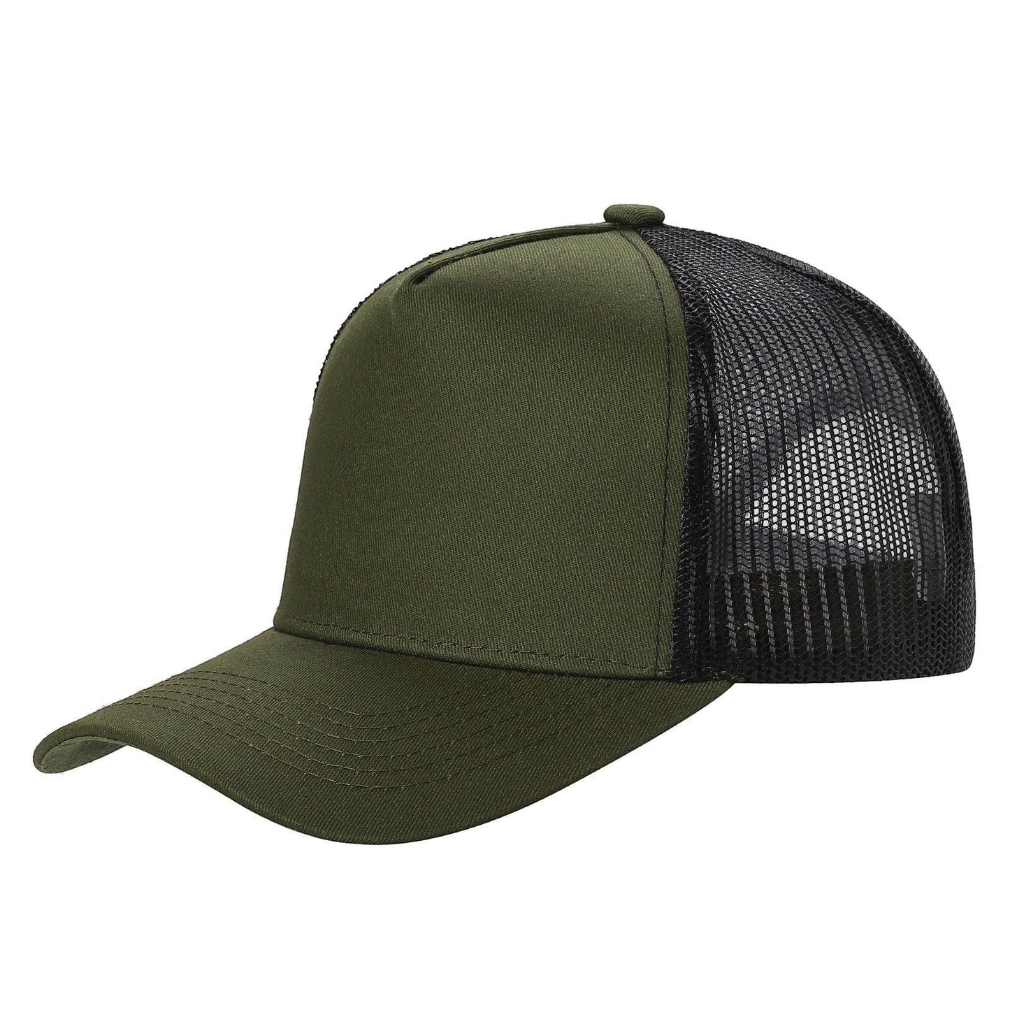 Waycap 5-panel trucker hat in olive green cotton with black mesh back and curved brim.