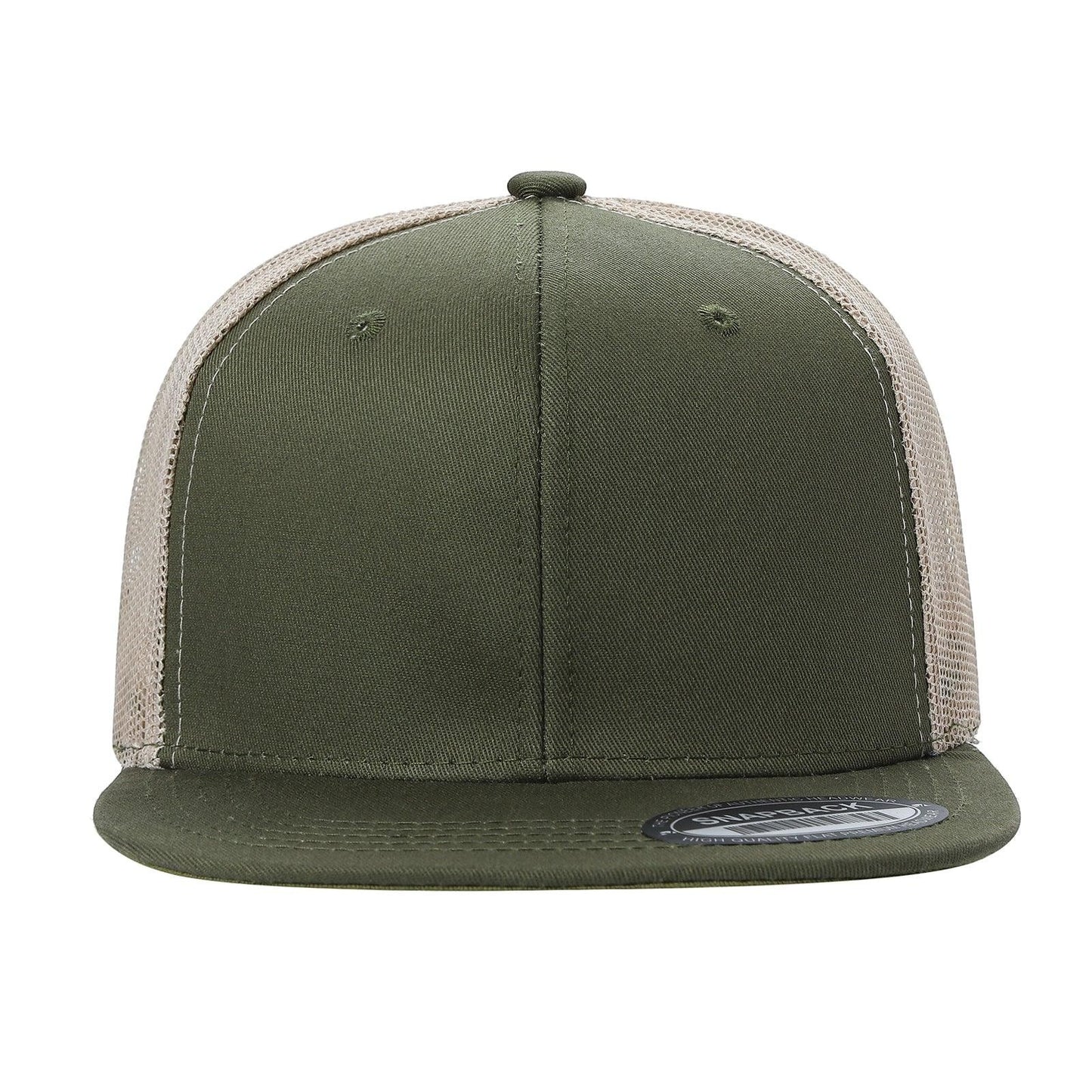 Waycap 6-panel flat bill trucker hat in olive green cotton with beige mesh back and flat brim.