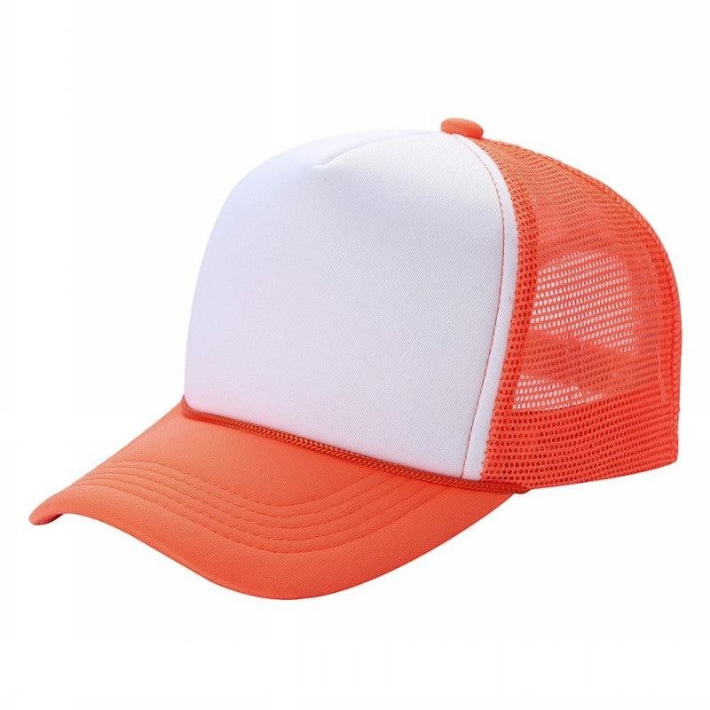 Waycap Sponge trucker hat with white foam front panel and orange mesh back. Adjustable snapback closure.