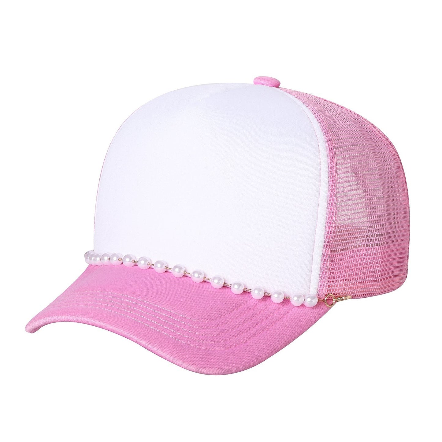 Waycap Pearl trucker hat in pink and white with pearl accent on brim and mesh back. Adjustable strap.