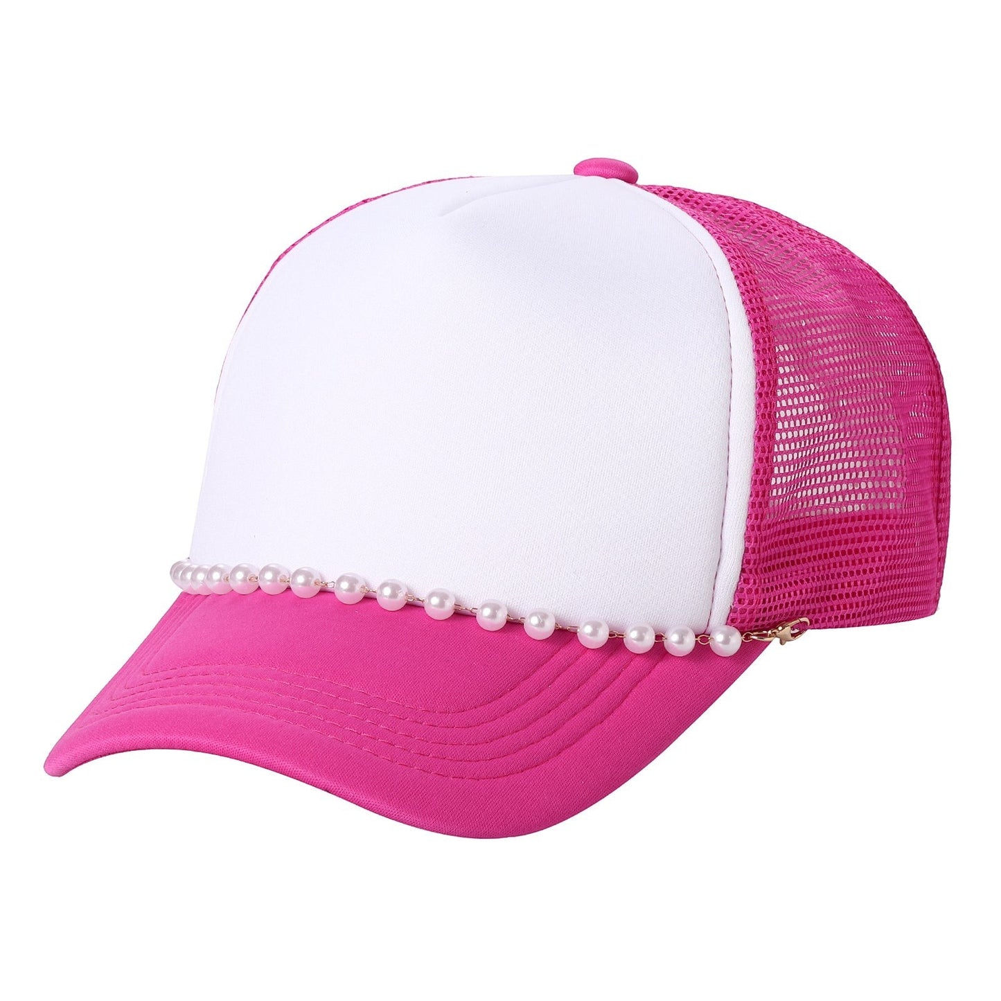 Waycap Pearl trucker hat in pink and white with a mesh back and pearl accent on the brim. Adjustable strap for a comfortable fit.