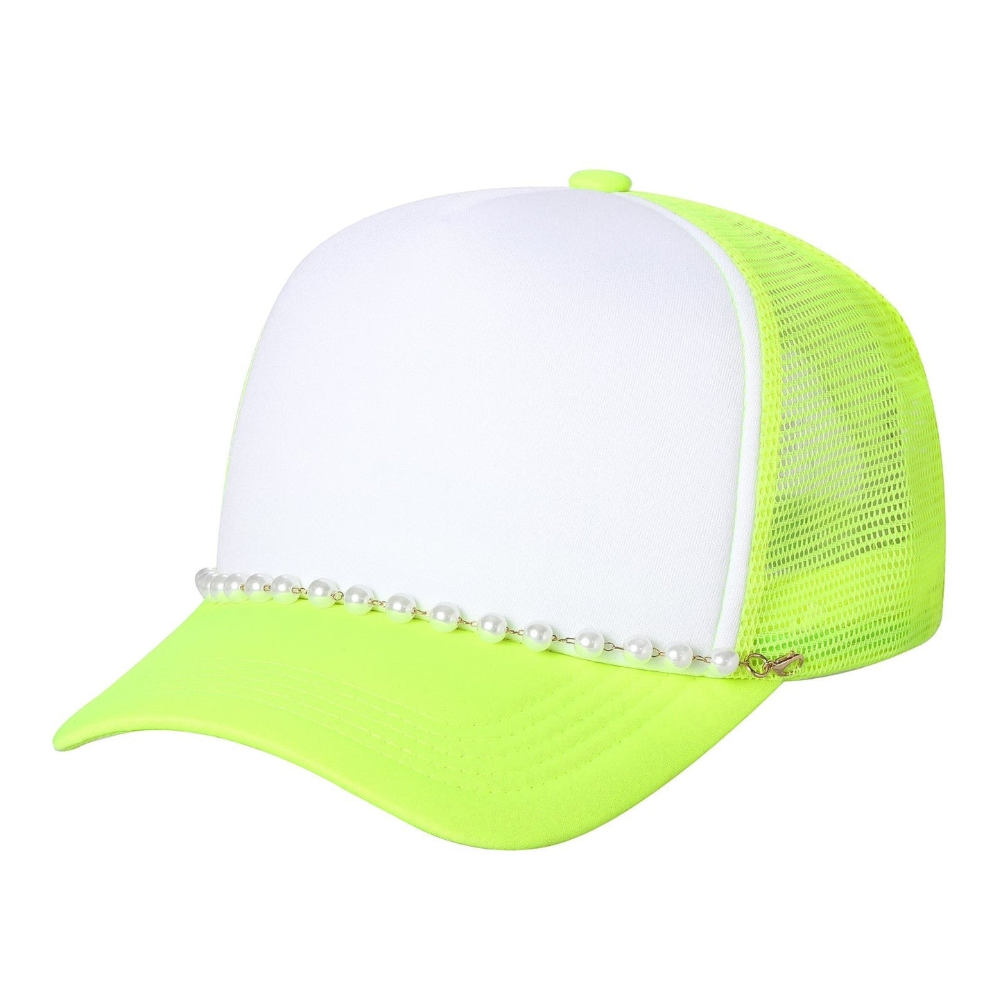 Waycap Pearl trucker hat with white front panel, neon yellow brim and mesh back, adorned with a pearl accent.