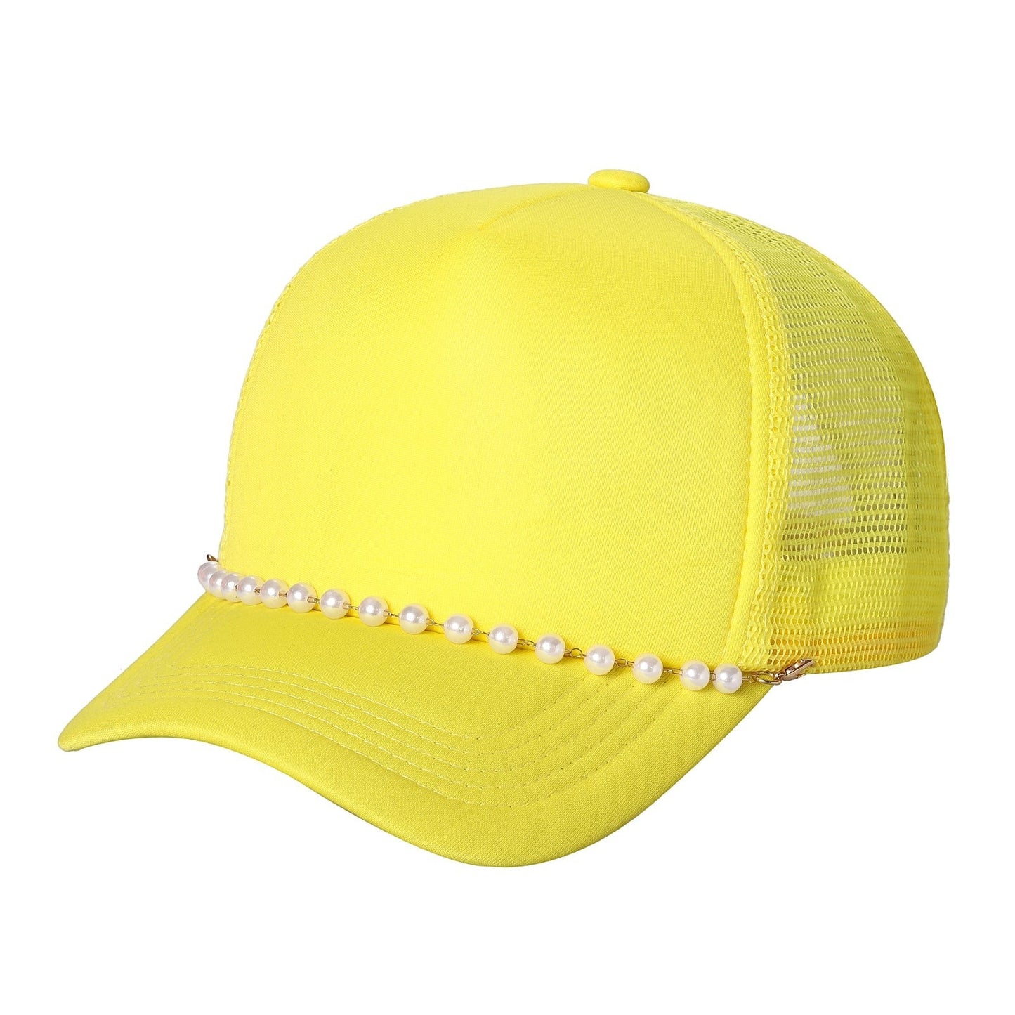 Waycap Pearl yellow trucker hat with mesh back and pearl accent on brim. Adjustable strap.