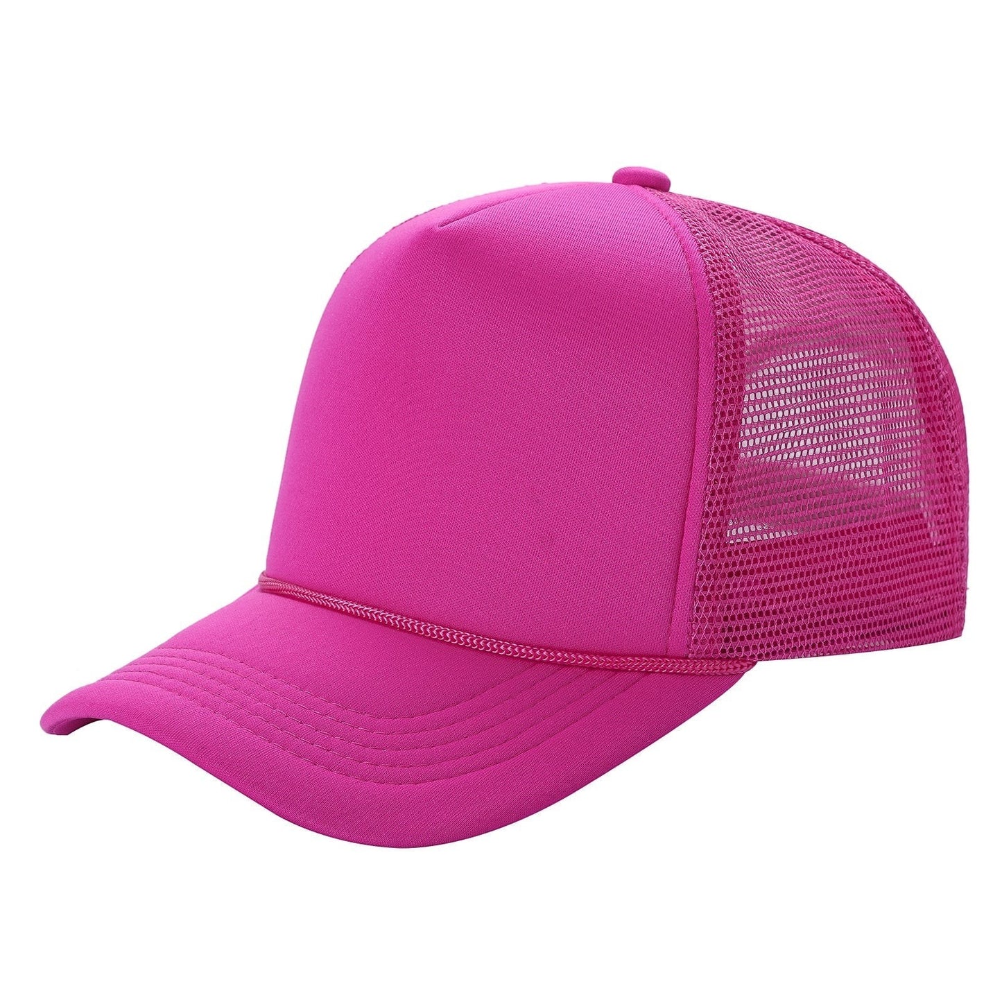 Waycap Sponge trucker hat in bright pink with foam front and mesh back. Features a rope detail across the brim and an adjustable snapback closure.