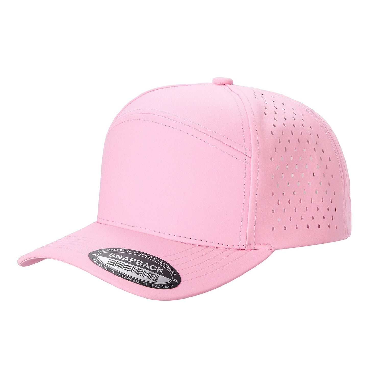 Waycap 6WP pink six-panel snapback hat with laser-cut perforations on sides and back for breathability.