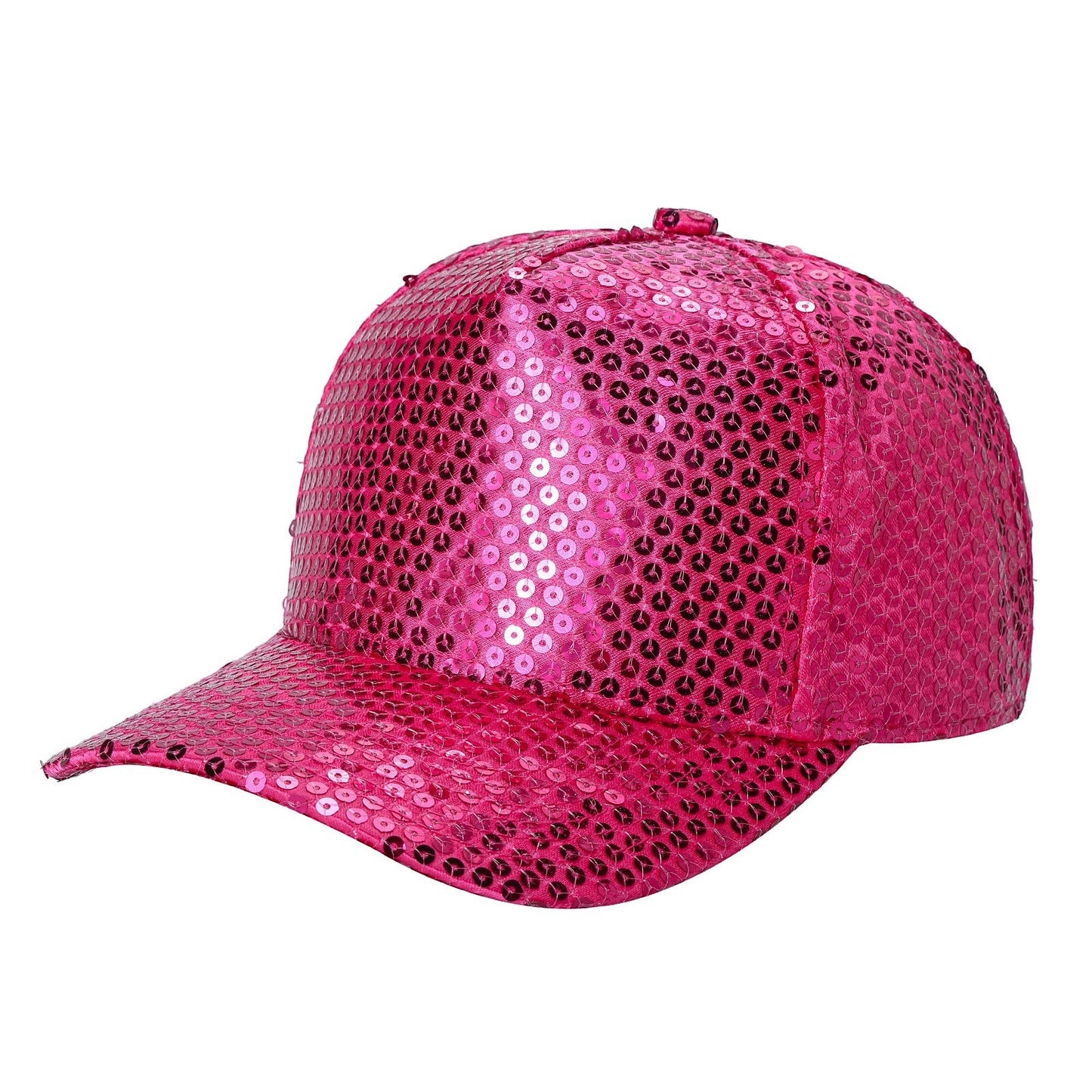 Waycap 5G Sequin Hat in vibrant pink, a dazzling baseball cap covered in shiny sequins. Features an adjustable strap for a comfortable fit.