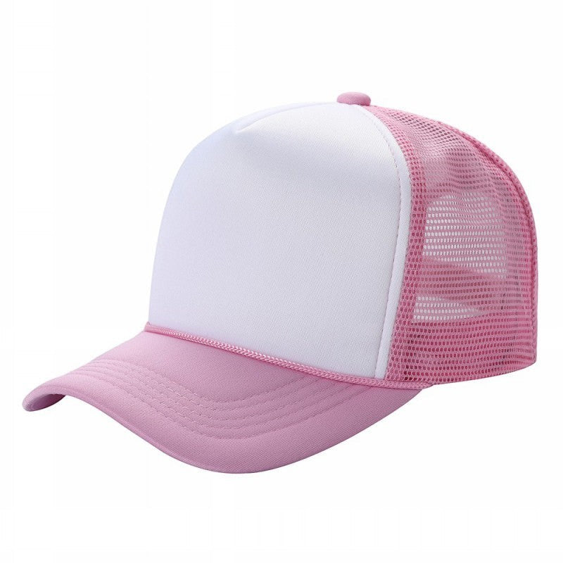 Waycap sponge trucker hat with white foam front and pink mesh back, brim, and snapback closure.