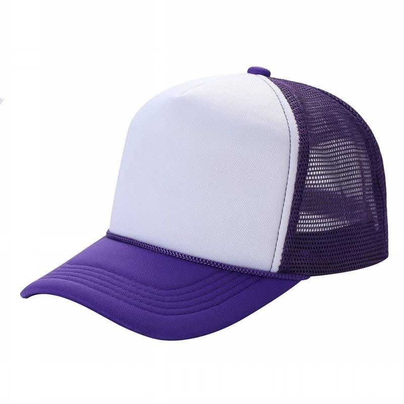 Waycap Sponge trucker hat with white foam front panel and purple mesh back. Adjustable snapback closure.