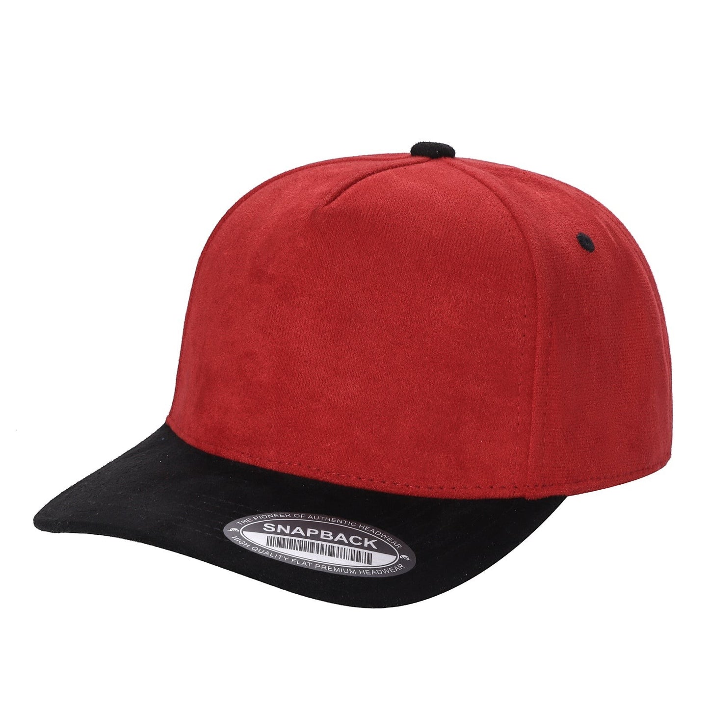 Waycap 5SUEDE red and black suede snapback hat with flat brim and adjustable strap.