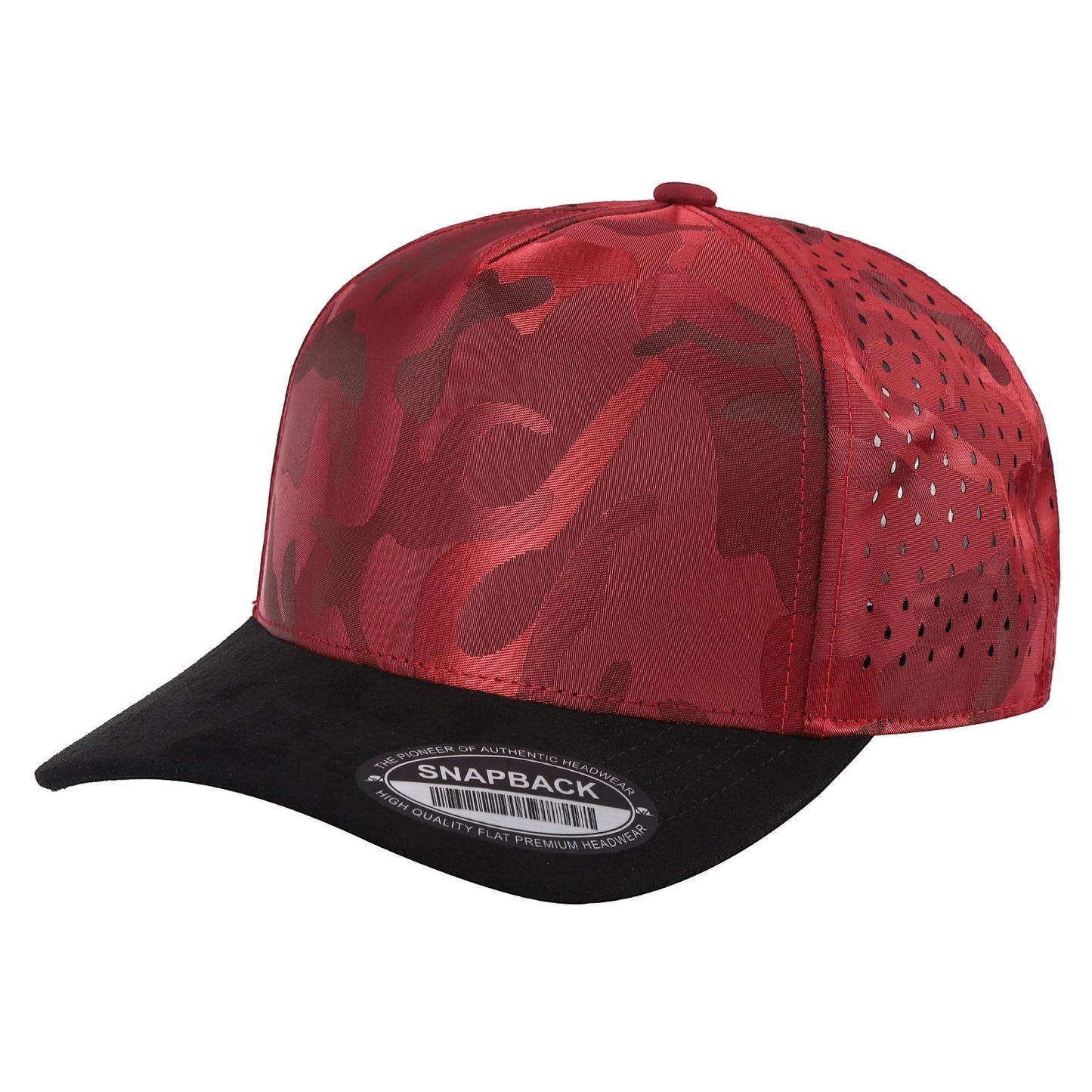 Waycap CAMO Suede Laser snapback cap in red with black suede brim and perforated side panels.