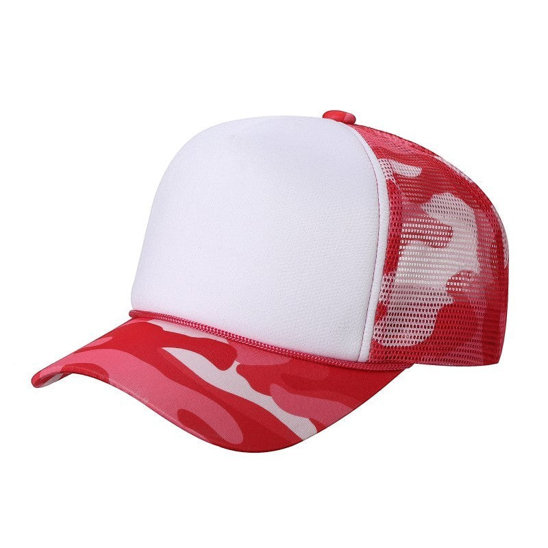 Waycap Sponge trucker hat with white foam front and red camouflage mesh back. Adjustable snapback closure.