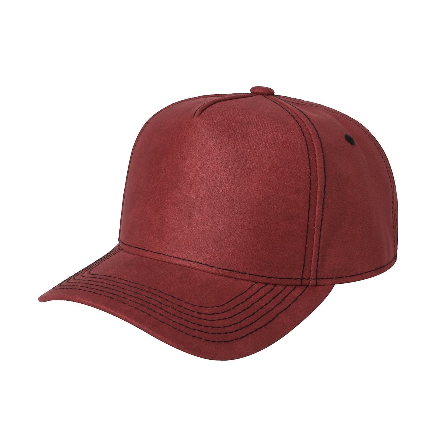 Waycap 5 panel leather cap in dark red with a pre-curved bill and adjustable snapback closure.
