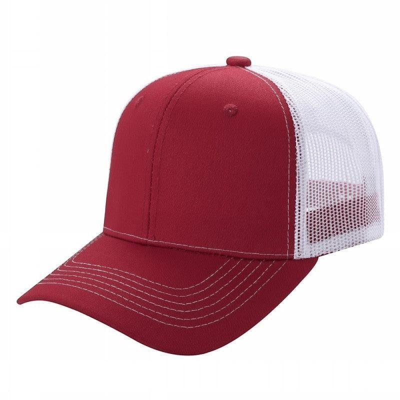 Waycap 6 Panel Curve Trucker Mesh Hat in deep red with white mesh back panels and curved brim.