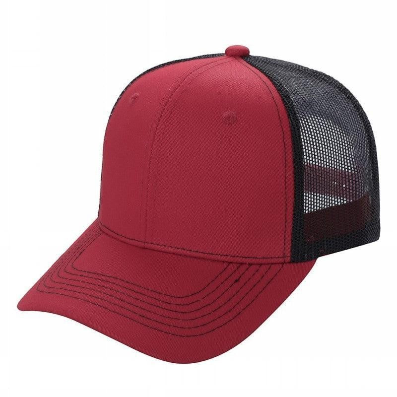 Waycap 6 Panel Curve Trucker Mesh Hat in deep red with black mesh back panels and a curved brim.