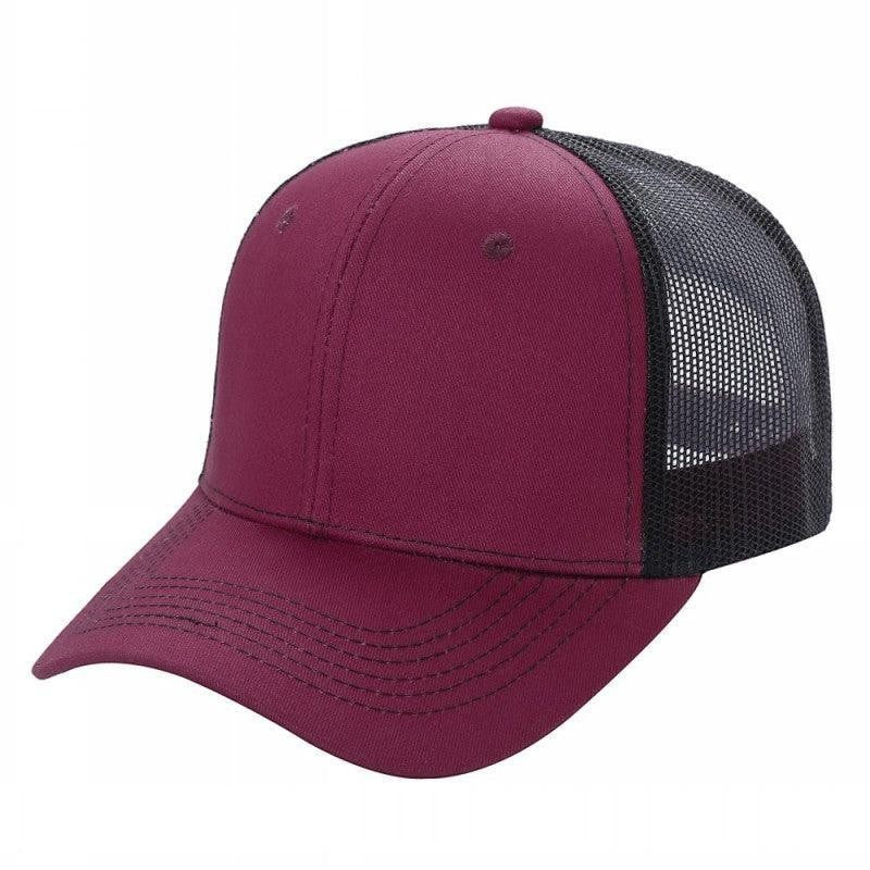 Waycap 6 Panel Curve Trucker Mesh Hat in deep red with black mesh back panels and a curved brim.