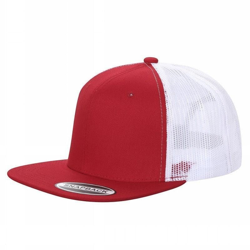 Waycap 6 Panel Flat Bill Mesh hat in red cotton with white mesh back and flat brim. Snapback closure.