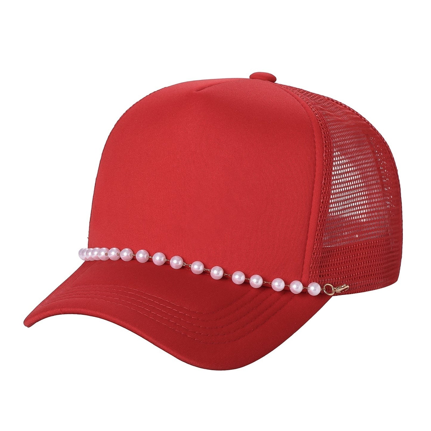 Waycap Pearl red trucker hat with mesh back and pearl accent on brim. Adjustable strap for a comfortable fit.