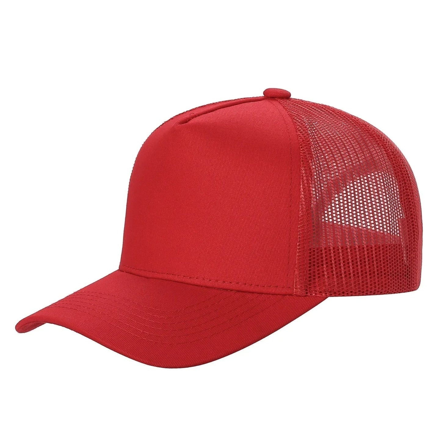 Waycap 5-panel red cotton-poly trucker hat with mesh back and curved brim